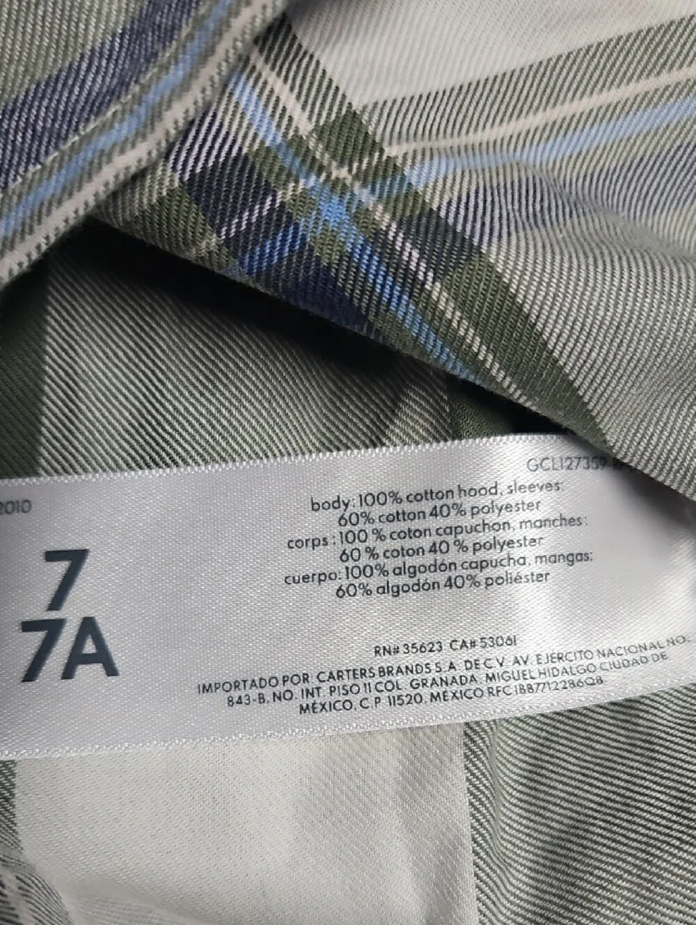 Carter's Boys Green Plaid Button-Down Shirt with Heather Blue Hood Size 7